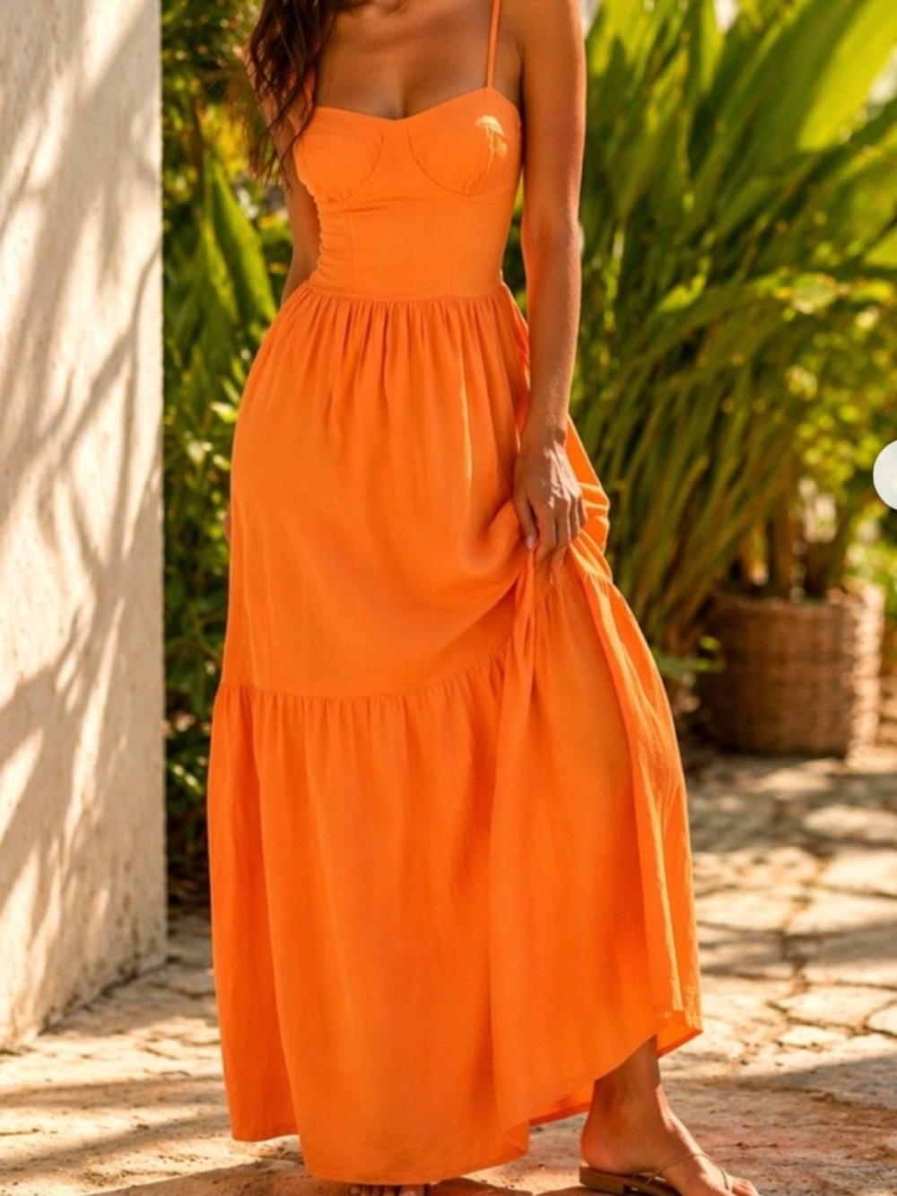 YFB Dress Womens Large Orange Linen Blend Maxi Sundress Ruffle Tiered Smocked